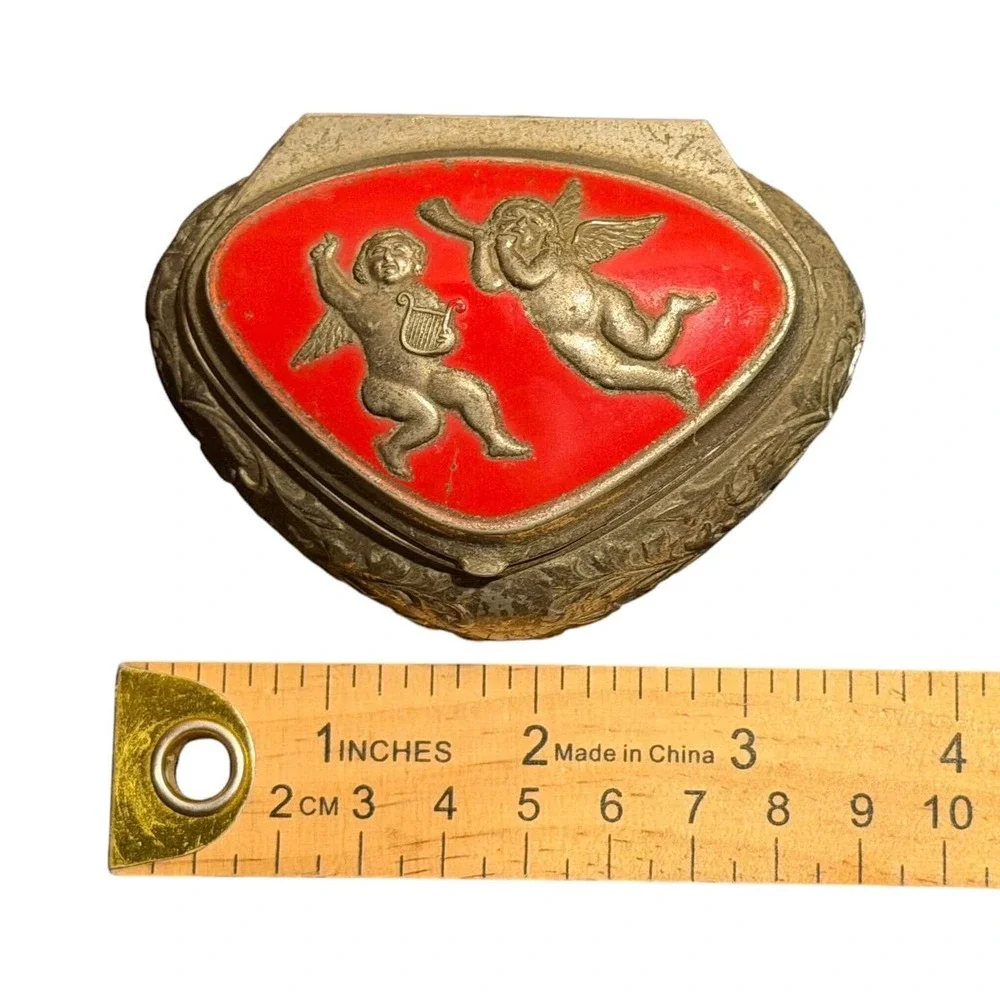 VTG Silver Tone Red Velvet Lined Metal Footed Cherub Jewelry Trinket Box Japan
